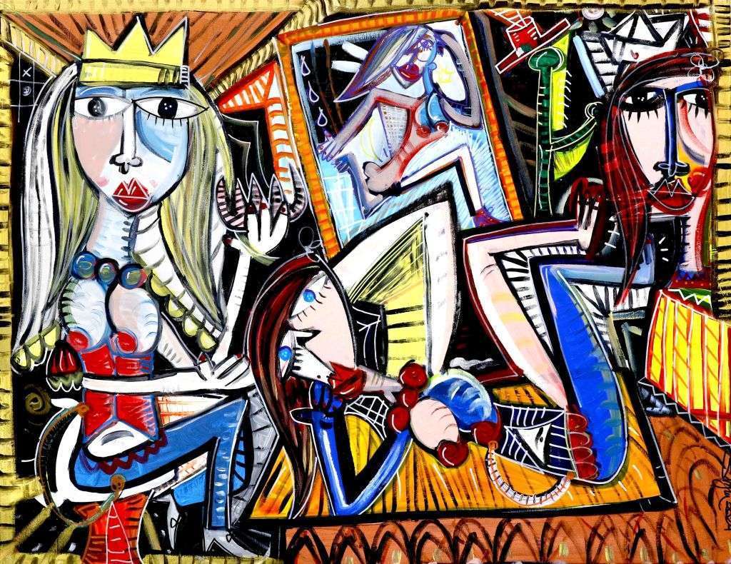 This modern painting by contemporary artist Alessandro Siviglia is a reinterpretation of Picasso's masterpiece "Les Femmes dl'Alger". Siviglia used the same type of colors and the cubist style, but still the women are very different and you can tell his distinct way of painting. A colorful and impressive homage to his favorite painter Pablo Picasso.