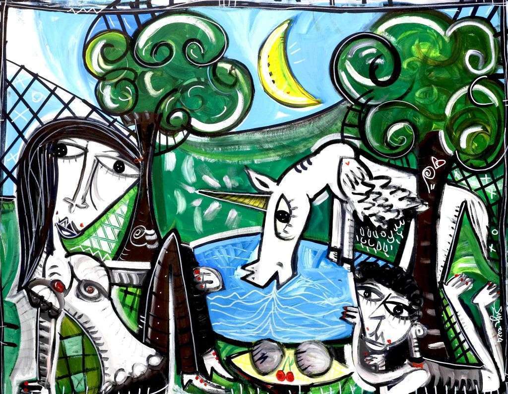 This modern painting created with a mixed technique of acrylic and oil on canvas by contemporary Italian artist Alessandro Siviglia is a reinterpretation of "The Luncheon on the Grass" by Monet and later by Picasso. This contemporary version is very different as it shows a unicorn instead of the bathing lady. Also the characters are different from the original work.