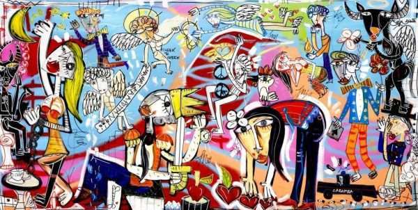Grande dipinto su tela molto colorato con personaggi fantasiosi e allegri106x205 Cheek to Cheek
