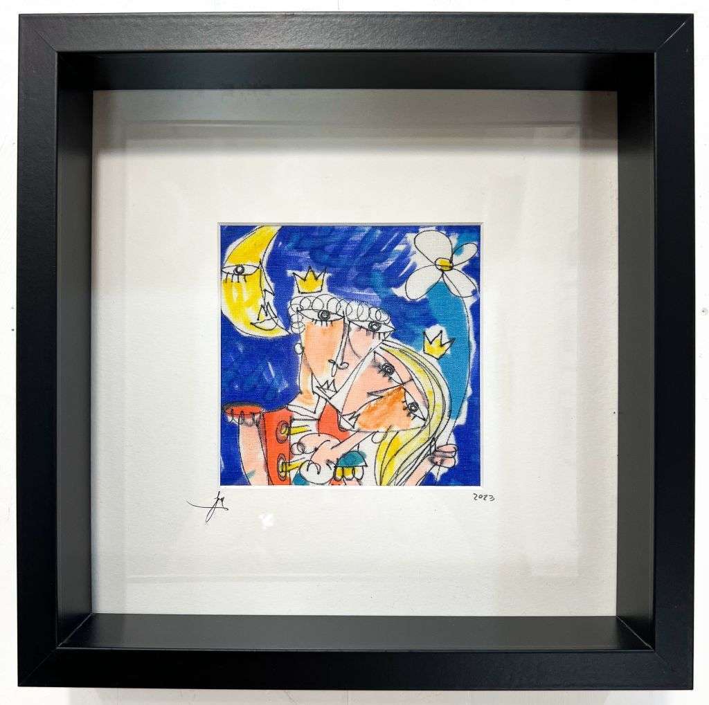 Small romantic painting made with acrylic and water colors on canvas by Italian artist Alessandro Siviglia.The artwork is framed with a black wooden frame.