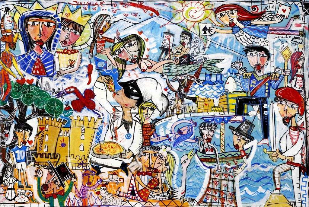 „Loro di Napoli“ ist ein zeitgenössisches figuratives Gemälde des italienischen Künstlers Alessandro Siviglia. Dieses farbenfrohe Werk ist voller Details und Symbole, die Neapel, seine Geschichte und Kultur repräsentieren. Sie können den Golf von Neapel mit dem Vesuv sehen, es gibt mehrere historische Sehenswürdigkeiten und berühmte Figuren wie Pulcinella.