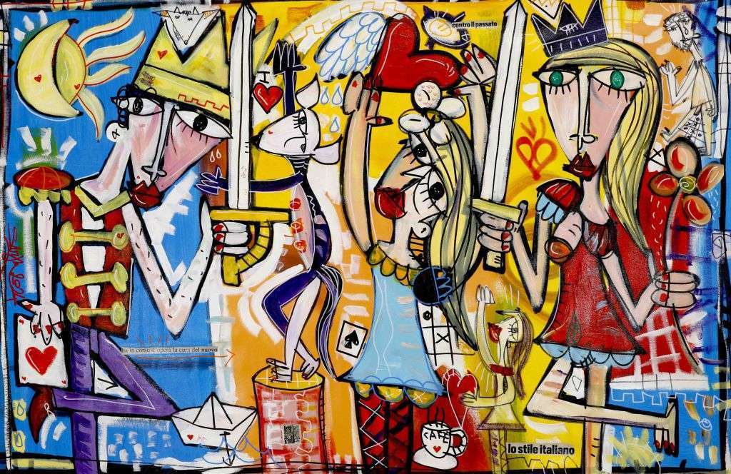 Originalgemälde des italienischen Künstlers Alessandro Siviglia. Figuratives Kunstwerk mit einem König und einer Königin und einem kleinen Mädchen in ihrer Mitte. Fröhliche Kunst, die Familie, Liebe und Zugehörigkeitsgefühl vermittelt.
