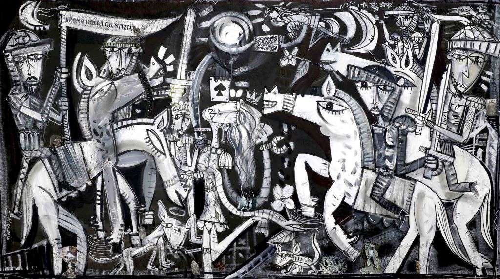 A large canvas painting with a battle scene from the Middle Ages painted in a contemporary figurative style by Italian artist Alessandro Siviglia