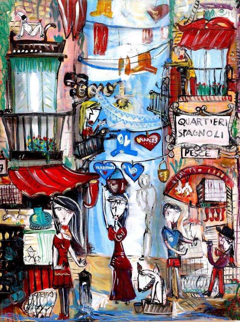 "Quartieri Spagnoli di Napoli" is an original artwork by Alessandro Siviglia, a famous Italian artist who depicts in this work a daily scene taken from the small lanes in historical center of Naples, Italy. A figurative artwork full of little details that express the entertaining Italian way of life.