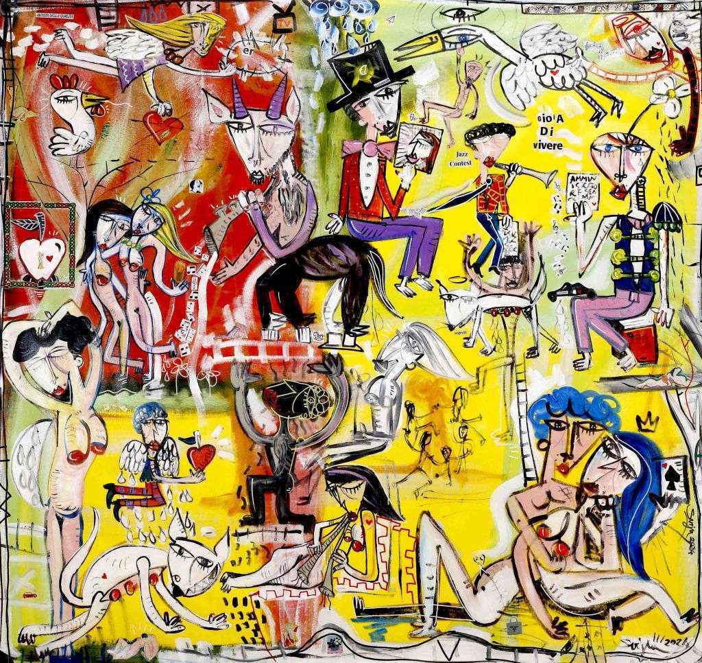 Large modern painting entitled "The Joy of Living" colorful artwork with many different characters, animals and symbols. Original artwork by contemporary Italian painter Alessandro Siviglia.