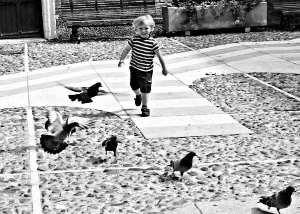 "Taubenjagd" in Italiano significa "Caccia ai Piccioni" perché in questa fotografia in bianco e nero si vede un bambino che rincorre i piccioni e si diverte tantissimo. Uno scatto che cattura l'attimo di un'infanzia felice e spensierata. La leggerezza del essere bambino, senza impegni, senza responsabilità e con la capacità di divertirsi con le cose semplici.