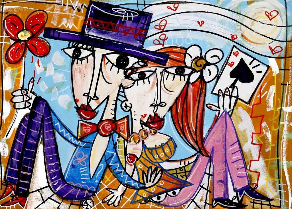 This lovely and colorful artwork showing two lovers on a sky blue and ocre background is just the perfect wedding gift.