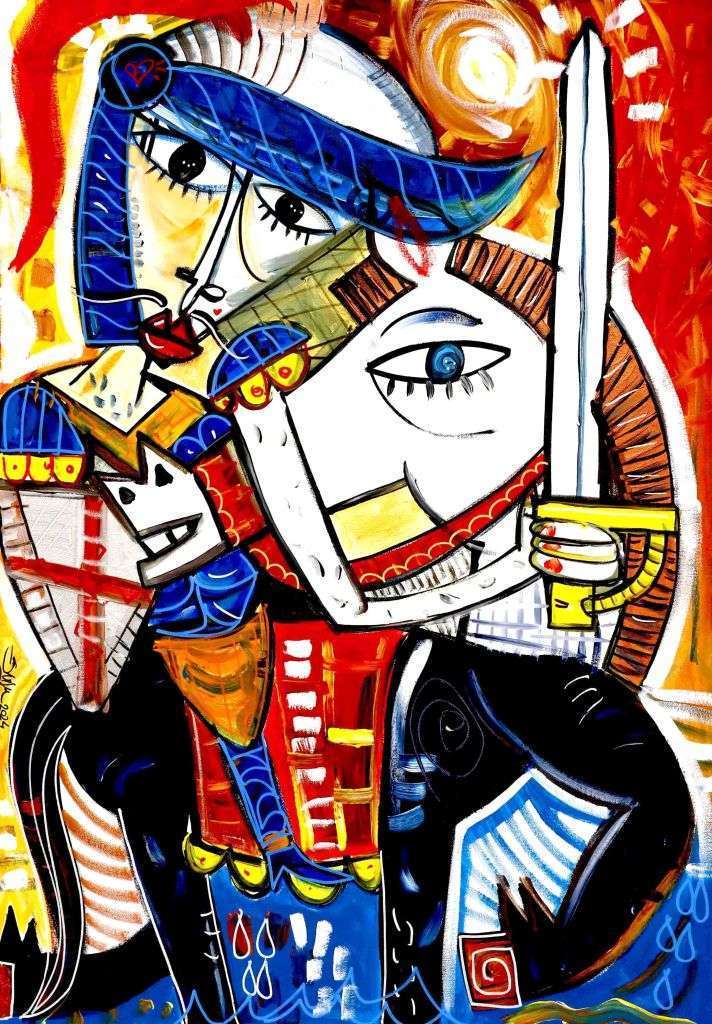 Modern painting with medieval knight on horseback ready for battle. Dynamic and energetic artwork perfect to furnish office or studio.