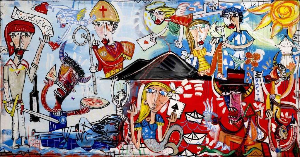 Large modern painting about Naples with Mount Vesuvius, piazza eating devils, San Gennaro, Parthenope etc. Entertaining artwork by Italian artist Alessandro Siviglia.