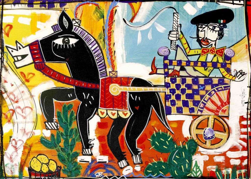 Modern painting with a traditional Carretto Siciliano, the colorful decorated cart famous for its beautiful hand-painted design.