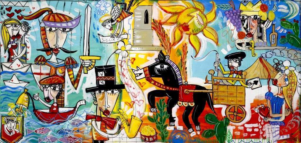 Large colorful painting on canvas with an abstract stylised landscape of Sicily showing different traditional characters and symbols. Original contemporary artwork by Italian painter Alessandro Siviglia. International artist.