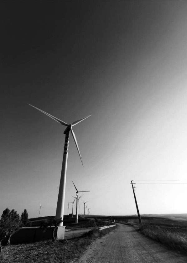 Una fotografia in bianco e nero con grandangolo che prende diverse turbine eoliche nella campagna di Trapani in Sicilia.