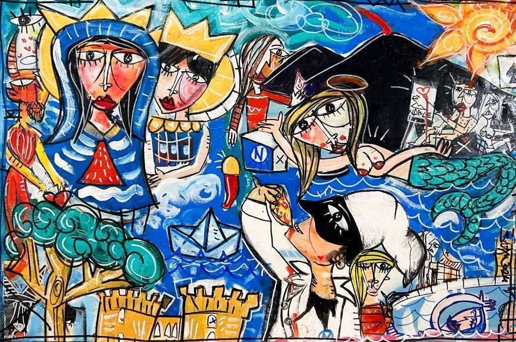 modern landscape of Naples colorful artwork with Pulcinella and Mount Vesuvius