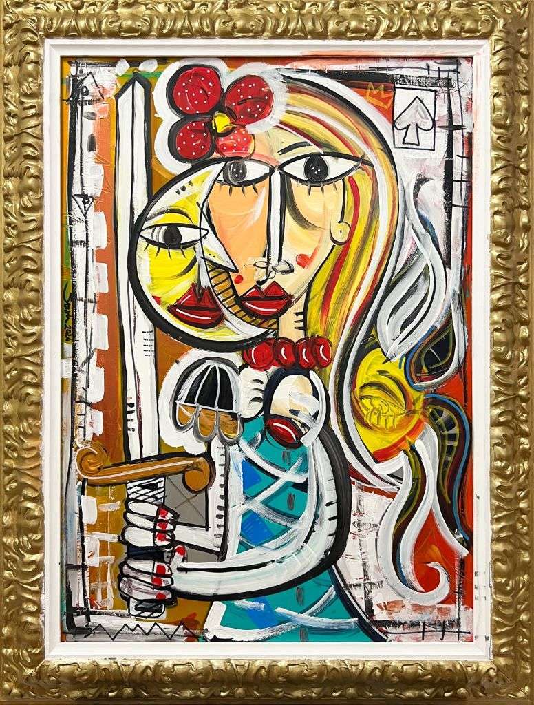 Giunone in English Juno is an oil painting in an abstract and figurative cubist style, original art by Italian artist Alessandro Siviglia, perfect to decorate the bedroom, golden ornamental frame