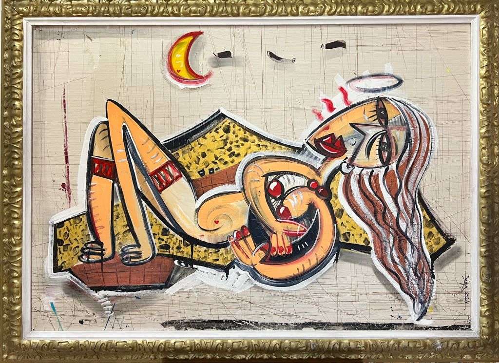 "Lady" is the title of this contemporary painting made with acrylic and spray paint on plywood. Nude female portrait in a sensual pose. Original artwork by Italian artist Alessandro Siviglia.