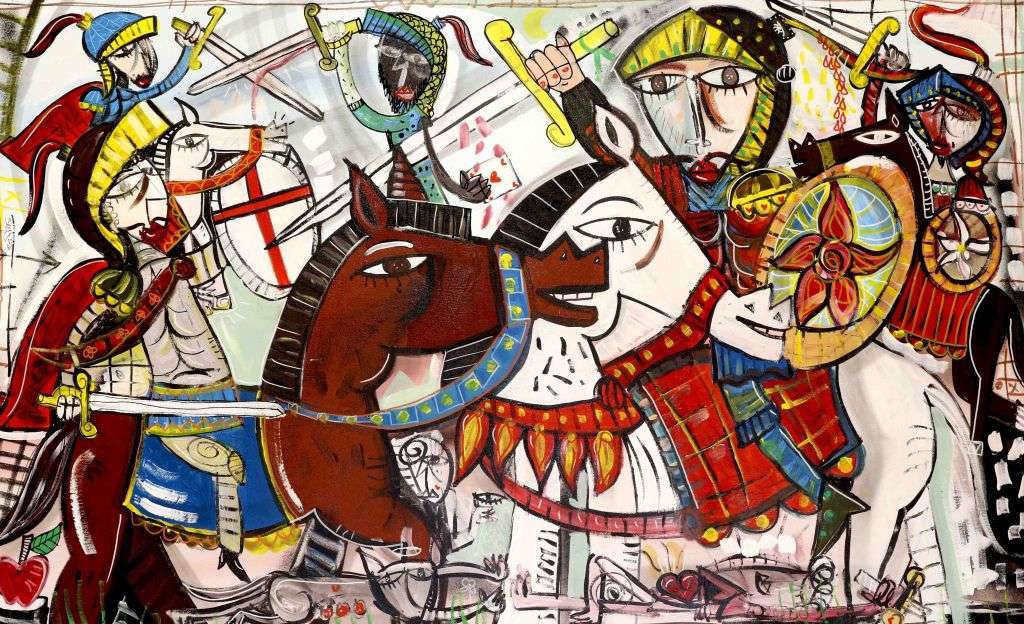 "A Uerr re Strunz" in Neapolitan dialect means "War of the Assholes" is a figurative painting in contemporary cubist style depicting a battle scene with knights and soldiers from the medieval era. The armor and shields of the soldiers are reminiscent of the crusaders who fought in the name of God.