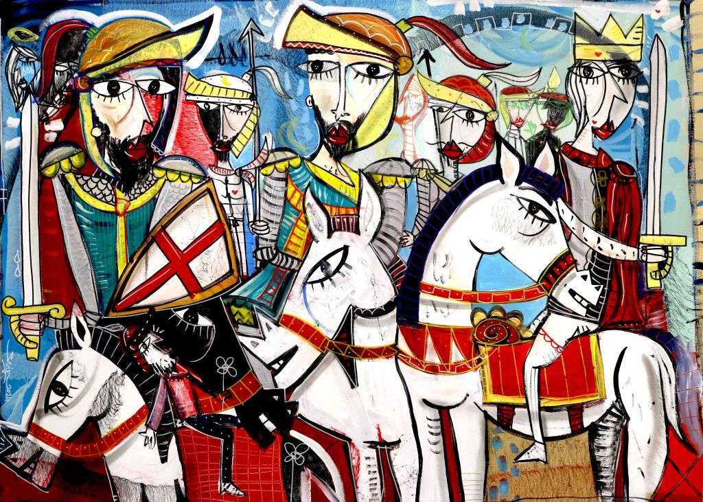 "Le Crociate" in English "The Crusades" is a contemporary figurative artwork with a medieval battle scene showing soldiers in armour on horseback ready for war.