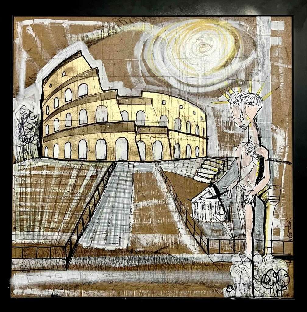 „Piazza del Colosseo“ ist ein zeitgenössisches Gemälde, das das Kolosseum in Rom zeigt. Gemalt mit glänzender Goldfarbe auf Holztafel vom italienischen Künstler Alessandro Siviglia