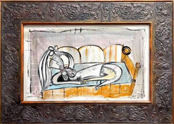 Donna Sdraiata con cornice antica 51x70 cm su tela
