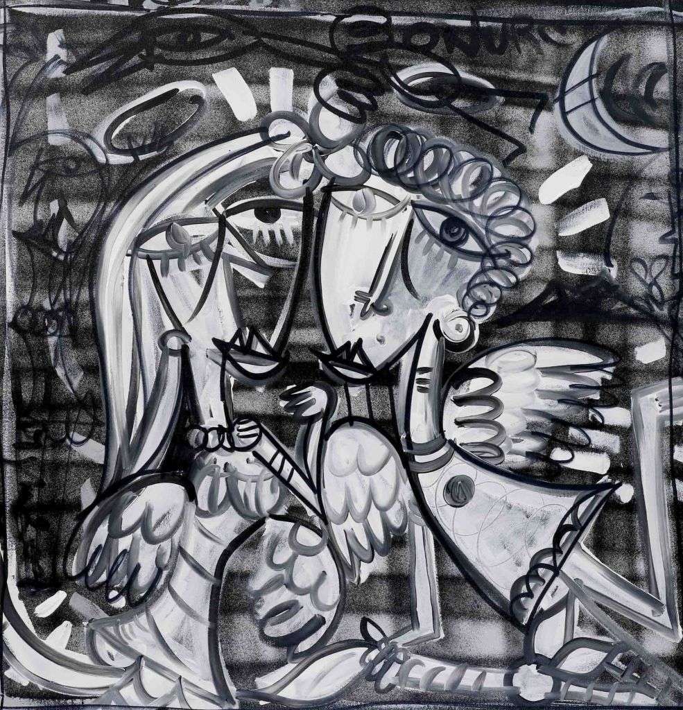 „Il Nodo“ ist ein zeitgenössisches Kunstwerk des italienischen Künstlers Alessandro Siviglia, ganz in Schwarz-Weiß gemalt. Das quadratische Bild zeigt zwei verliebte Engel. Eine romantische Geschenkidee zur Hochzeit oder zum Jahrestag.