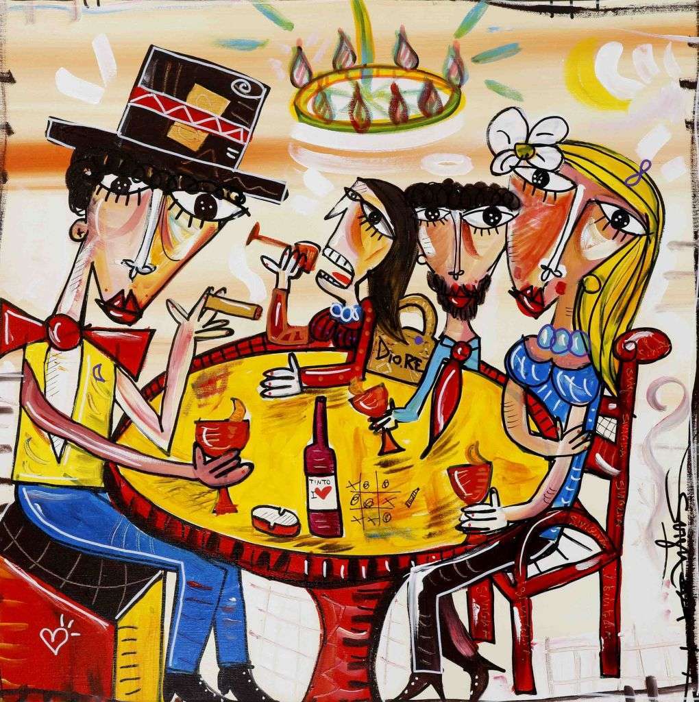 This modern figurative painting depicts an entertaining scene of friends having some drinks together. The medium size square format artwork is made with acrylic colors and spray paint in warm and intense colors like yellow and red creating a festive and joyful atmosphere.
