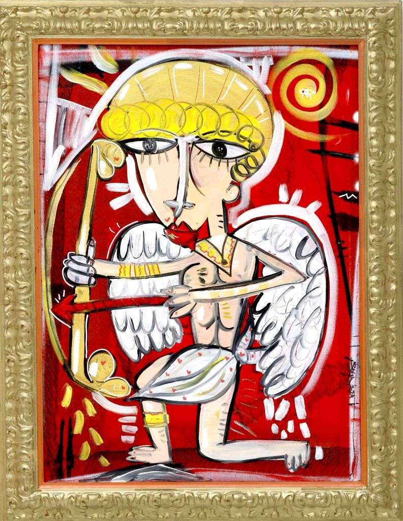 Modernes handgemaltes Kunstwerk mit rotem Hintergrund und goldenem Rahmen. Porträt von Amor, dem griechischen Gott der Liebe und des Verlangens.