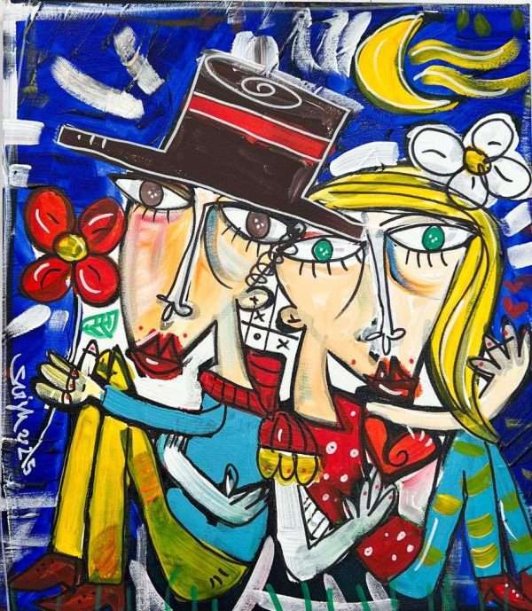 Dipinto originale di Siviglia, ritratto di coppia su fondo blu, ideale regalo di matrimonio, per l'anniversario o San Valentino
