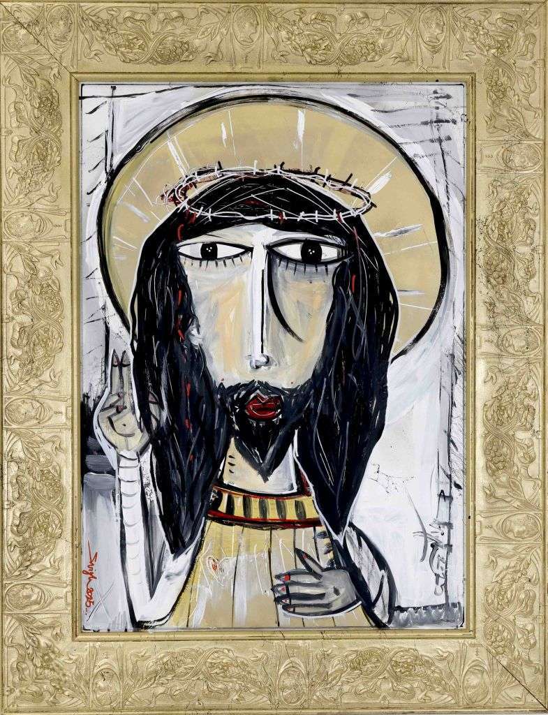 Modern portrait of Jesus Christ original painting acrylic and oil on canvas with golden frame. Contemporary artwork by Italian artist Alessandro Siviglia