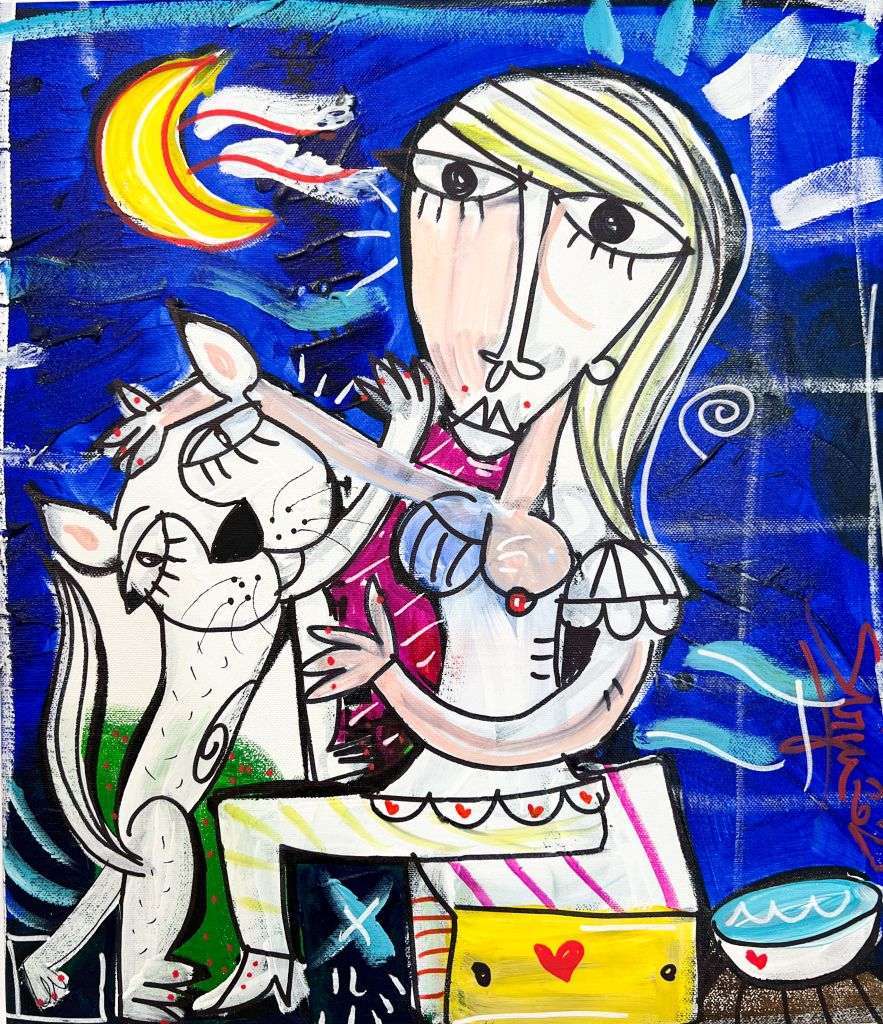 Farbenfrohes Porträt einer Frau, die ihre Katze streichelt. Ein modernes Kunstwerk mit intensiv blauen Hintergrund im zeitgenössischen Stil, das von der Liebe und Freundschaft zwischen Mensch und Tier spricht.