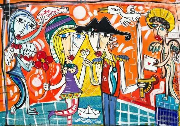 "L'Amore Conta" è un dipinto molto allegro e colorato che racconta una storia d'amore. I due protagonisti, un torero con la spada in mano ed una ragazza bionda con gli occhi azzurri sono al centro dell'opera mentre due angeli li affiancano. Lo sfondo tra arancione e azzurro attira subito l'attenzione.