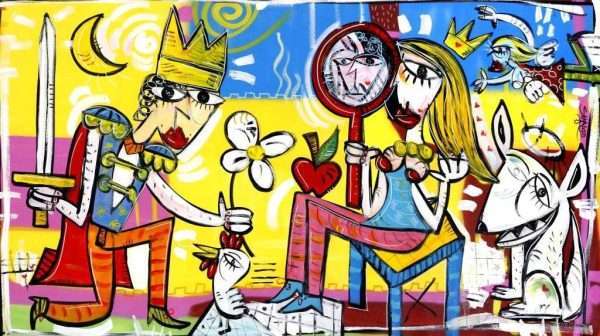 "Il Principe Innamorato" è un dipinto di Siviglia che raffigura un principe che fa la corte ad una ragazza bella, ma vanitosa. Sarà un'amore ricambiato? Un quadro colorato e vivace realizzato con colori acrilici e spray su tela.