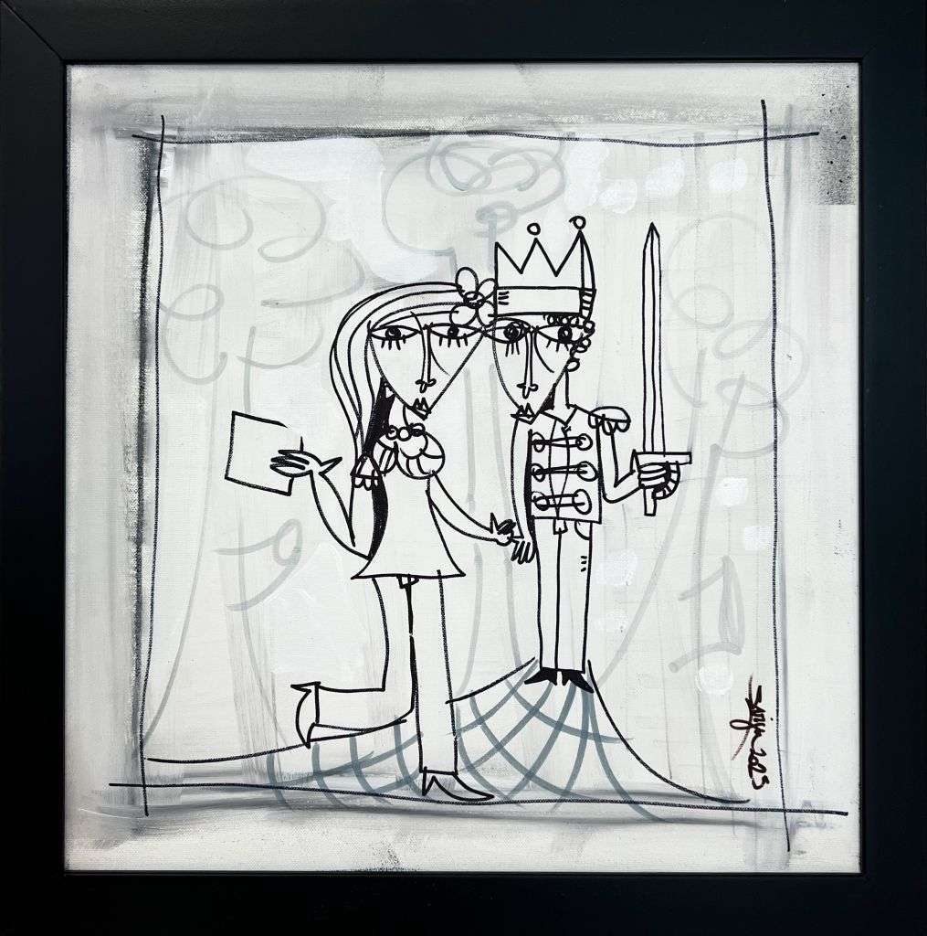"Gli Innamorati di Una Volta" is a black and white painting made with acrylic and marker on canvas. The contemporary artist Alessandro Siviglia has depicted a king with his beloved wife. A small romantic picture perfect to give for Valentines Day or for anniversary, birthday or any other special occasion.