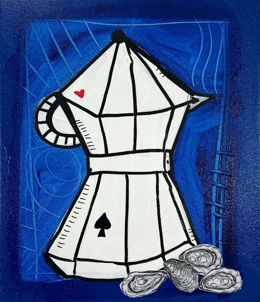 "Oysters and Coffee" is a small painting depicting a Bialetti coffee maker with a collage of oysters on a blue background. The painting was created by the Italian artist Alessandro Siviglia with a mixed technique of spray acrylic and collage on canvas. The painting has a black frame.