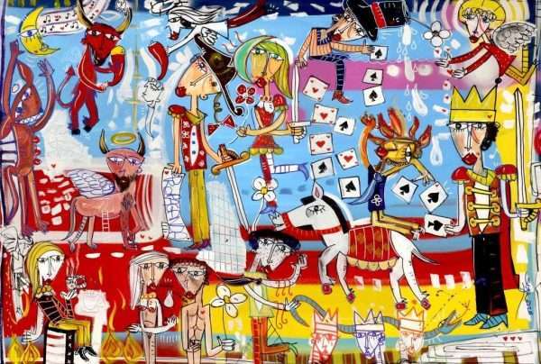 Dipinto originale di Alessandro Siviglia, artista affermato su livello internazionale. Quadro grande con tanti personaggi, simboli e dettagli ideale per arredare il soggiorno di casa.