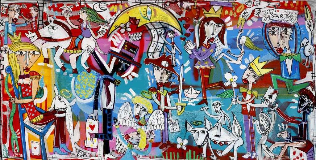 Large painting with many characters. Original oil painting on canvas, international artist with unique style Alessandro Siviglia