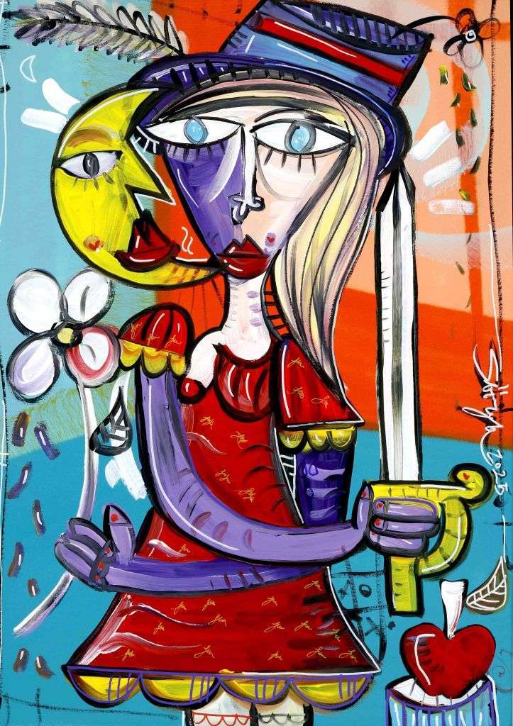 Modernes Frauenporträt. Starke Frau, Kriegerin mit rotem Kleid. Gemalt im zeitgenössischen kubistischen Stil von Alessandro Siviglia, einem international bekannten zeitgenössischen Künstler.