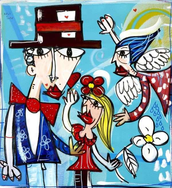 quadro moderno colorato con sfondo azzurro ritratto padre e figlia con angelo e fiori dipinto originale di Alessandro Siviglia