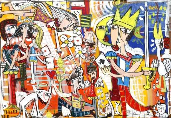 Quadro moderno di grande misura, dipinto colorato e allegro, scena figurativa surreale con tanti personaggi, dettagli e simboli. Quadro per soggiorno di casa, sala attesa studio medico o ufficio