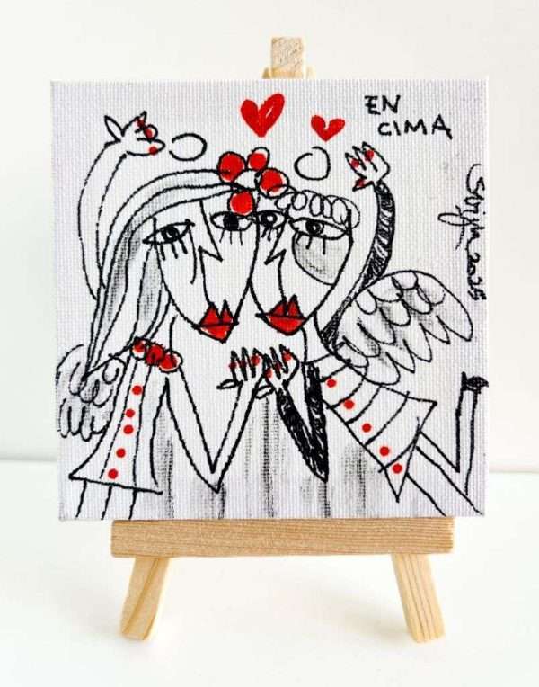 quadretto piccolo coppia innamorata, oggetto di collezione, mini tela con disegno originale in bianco e nero