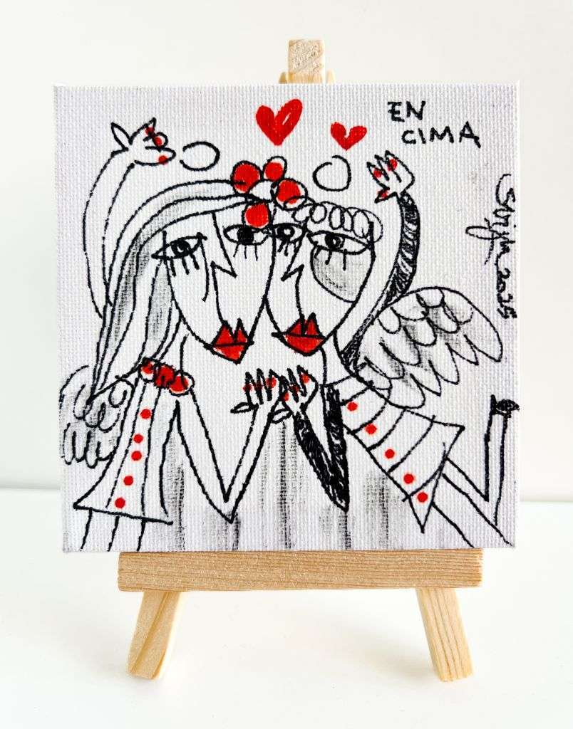 quadretto piccolo coppia innamorata, oggetto di collezione, mini tela con disegno originale in bianco e nero