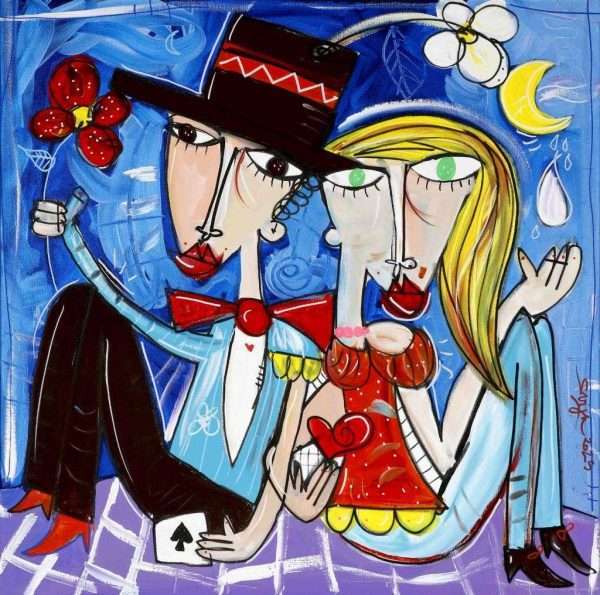 Bellissimo dipinto ritratto di coppia con fondo blu, quadro romantico ideale regalo nozze