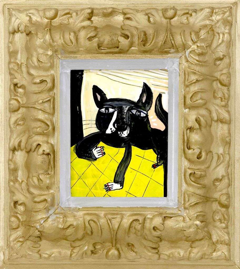 Black cat portrait with gold frame. Hand painted by Alessandro Siviglia, international artist.