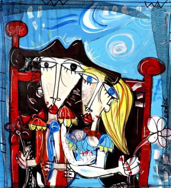 Quadro moderno con coppia idea regalo matrimonio donna bionda con occhi blu uomo scuro con occhi neri e vestito da torero spagnolo