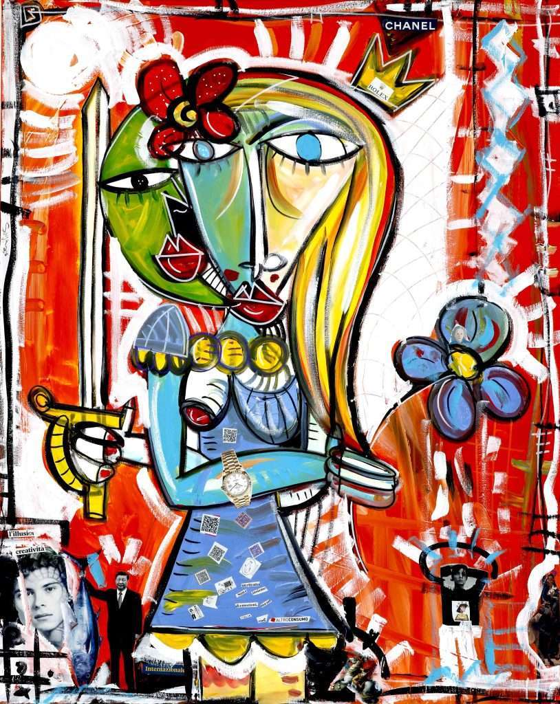 Frauenporträt im zeitgenössischen kubistischen Stil. Starke und kraftvolle Frau vor orangefarbenem Hintergrund. Originalkunstwerk des internationalen Künstlers Alessandro Siviglia