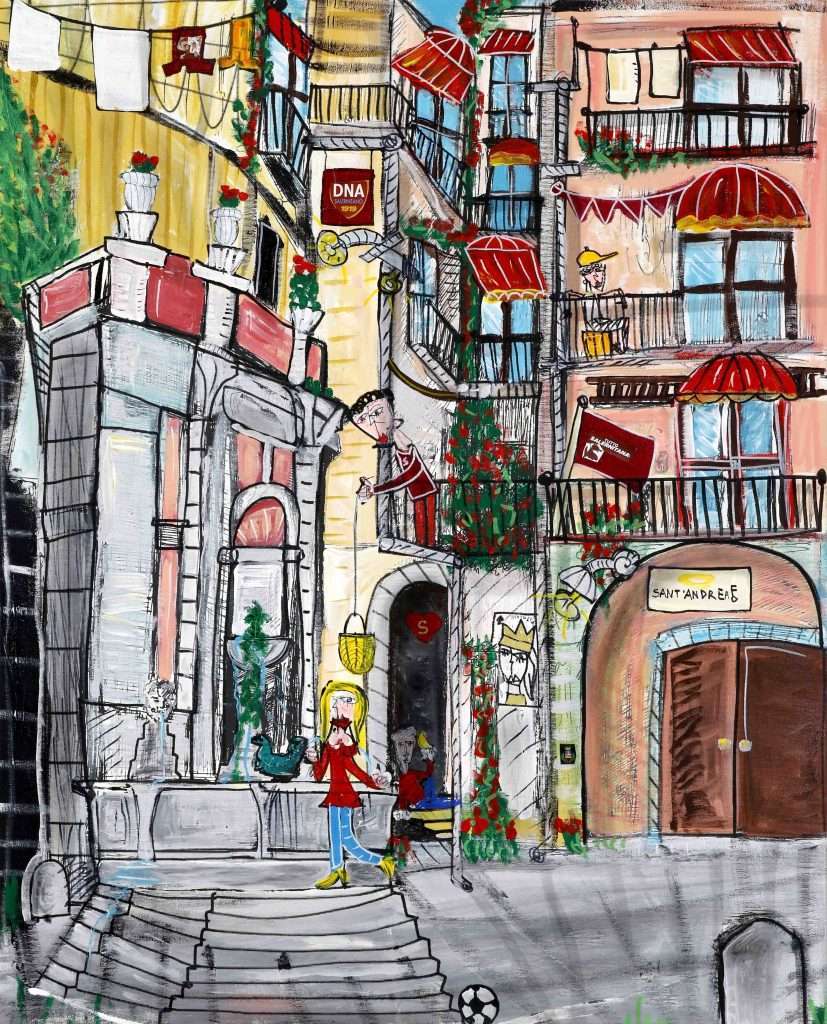 Paesaggio urbano caratteristico del centro storico di Salerno, acrilico su tela, Siviglia 2025 Paesaggio urbano di Alessandro Siviglia, Largo Campo a Salerno dipinto contemporaneo