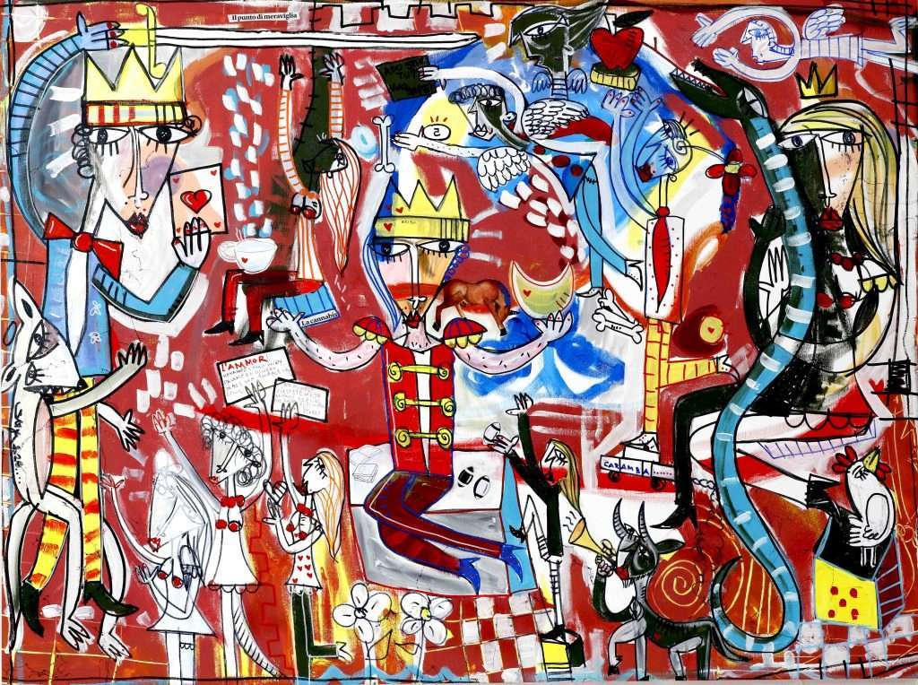 Großes Gemälde für das Wohnzimmer. Animiertes figuratives Kunstwerk mit rotem Hintergrund des italienischen Künstlers Alessandro Siviglia