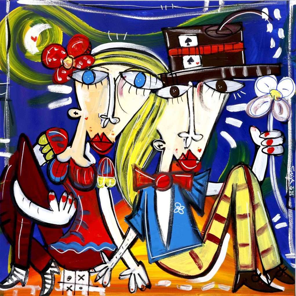 original painting by Alessandro Siviglia, portrait of thow newly weds on a dark blue backdrop