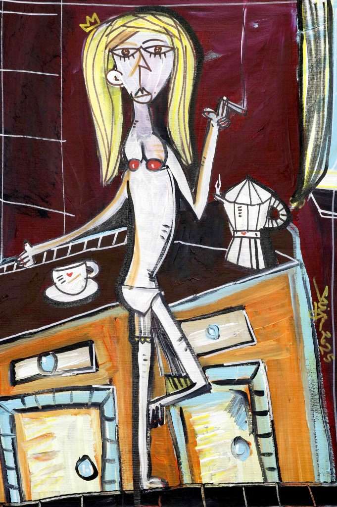 Female Nude by Alessandro Siviglia. Painting of a naked woman in front of a sideboard with a moka pot and a cup of coffee. The woman relaxes while smoking a cigarette. Sensual scene in contemporary style with a garnet background.