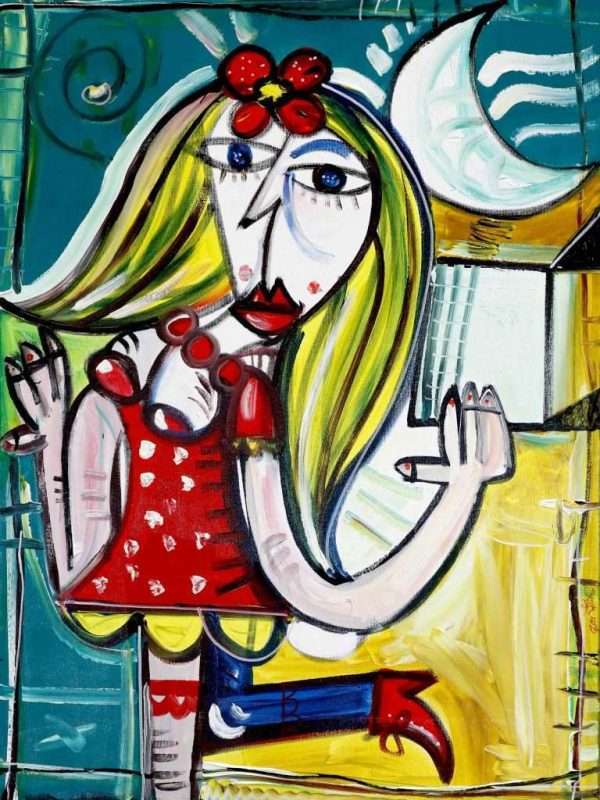 Ritratto di donna in stile cubista contemporaneo. Bellissimo dipinto con una ragazza bionda con un vestito rosso a pois su un fondo verde petrolio e giallo.