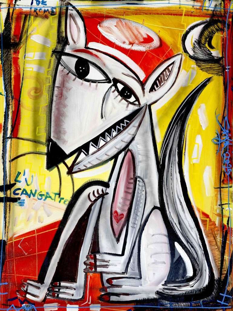 Portrait of a dog or cat as it is an imaginary animal, half dog, half cat, on a yellow and red background recalling the colors of AS Roma.
